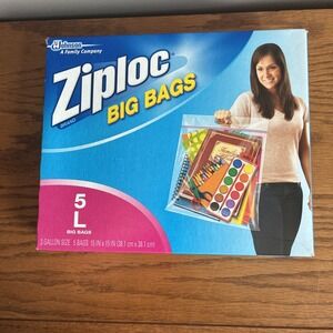 Ziploc BIG BAGS 5 COUNT LARGE 3 Gallon 15IN x 15IN Double Zipper NEW Sealed